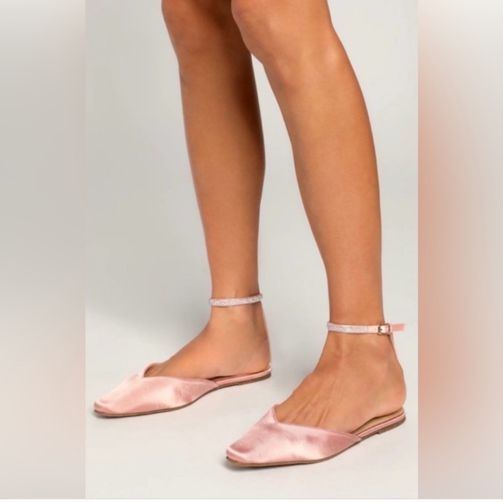 NIB Lulu’s Valetta Champagne Pink Satin Rhinestone Ankle Strap Flats 7